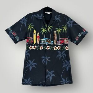 VTG Blue Hawaii Hawaiian Shirt MENS S Black‎ Surfboards Woody Wagons Surfer USA